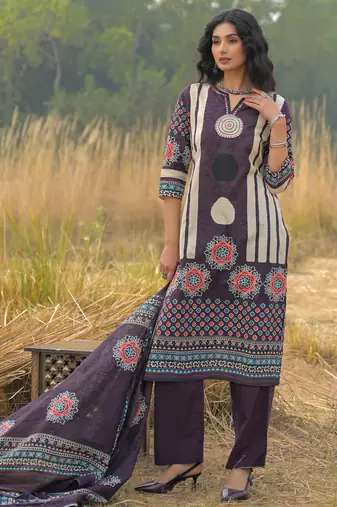 Burgundy pure cotton printed kurta trouser dupatta set