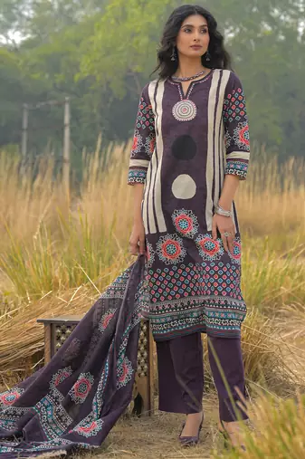 Burgundy pure cotton printed kurta trouser dupatta set