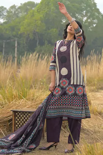 Burgundy pure cotton printed kurta trouser dupatta set