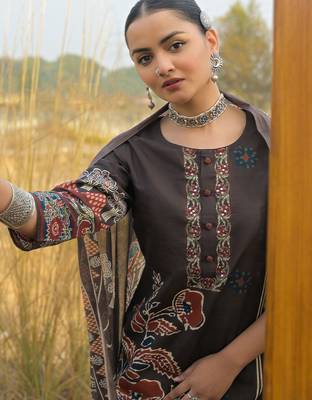 Brown pure cotton printed kurta trouser dupatta set 1