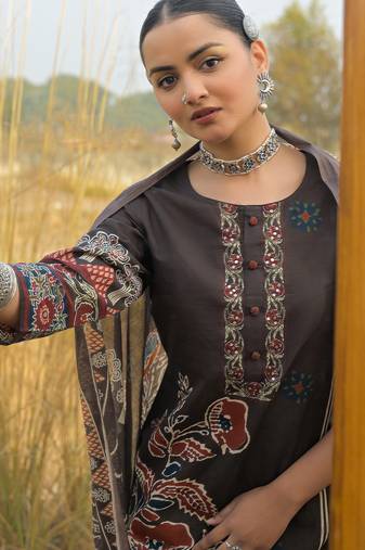 Brown pure cotton printed kurta trouser dupatta set