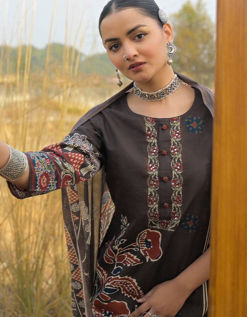 Brown pure cotton printed kurta trouser dupatta set