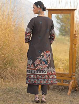 Brown pure cotton printed kurta trouser dupatta set 2