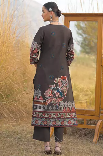 Brown pure cotton printed kurta trouser dupatta set