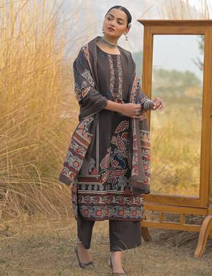 Brown pure cotton printed kurta trouser dupatta set 3