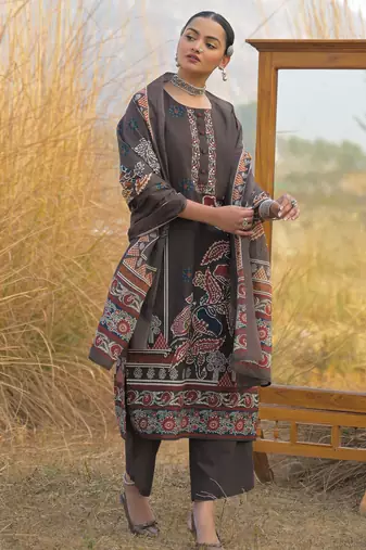 Brown pure cotton printed kurta trouser dupatta set