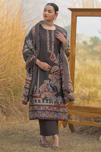 Brown pure cotton printed kurta trouser dupatta set