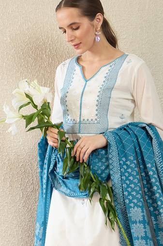 White pure cotton embroidered kurta trouser dupatta set