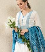 White pure cotton embroidered kurta trouser dupatta set