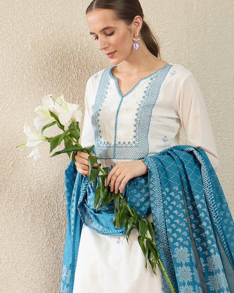 White pure cotton embroidered kurta trouser dupatta set