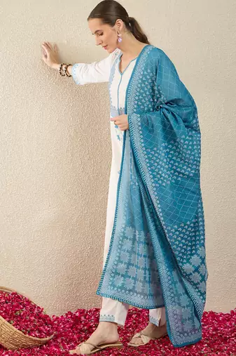 White pure cotton embroidered kurta trouser dupatta set