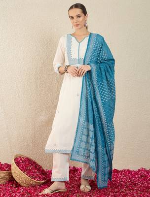 White pure cotton embroidered kurta trouser dupatta set 4