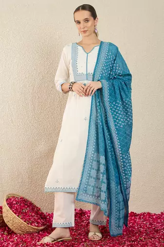 White pure cotton embroidered kurta trouser dupatta set