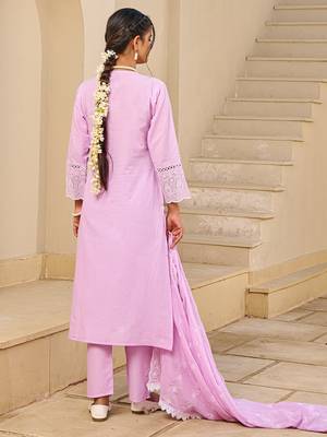 Pink pure cotton embroidered kurta trouser dupatta set 2