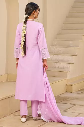 Pink pure cotton embroidered kurta trouser dupatta set