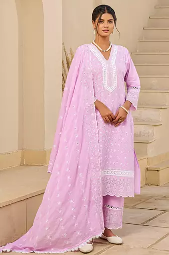 Pink pure cotton embroidered kurta trouser dupatta set