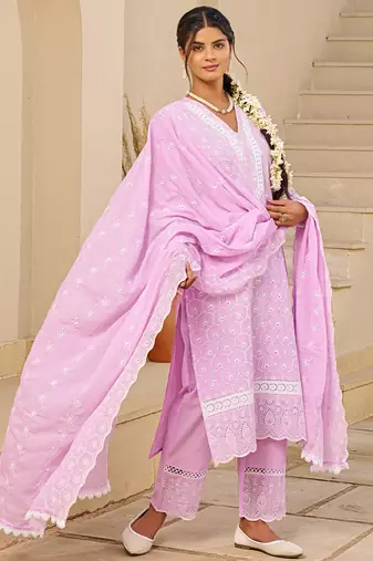 Pink pure cotton embroidered kurta trouser dupatta set