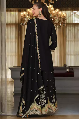 Black silk blend embroidered kurta trouser dupatta set