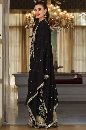 Black silk blend embroidered kurta trouser dupatta set