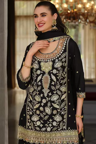 Black silk blend embroidered kurta trouser dupatta set