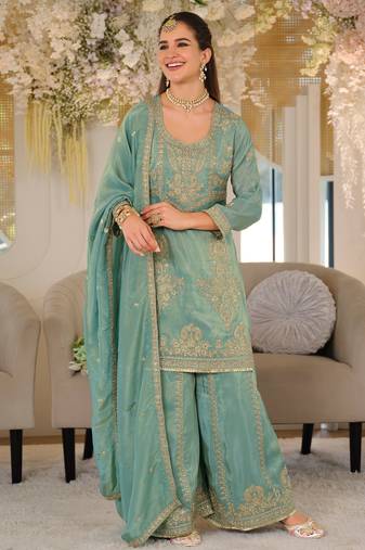 Green silk blend embroidered kurta trouser dupatta set