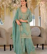 Green silk blend embroidered kurta trouser dupatta set