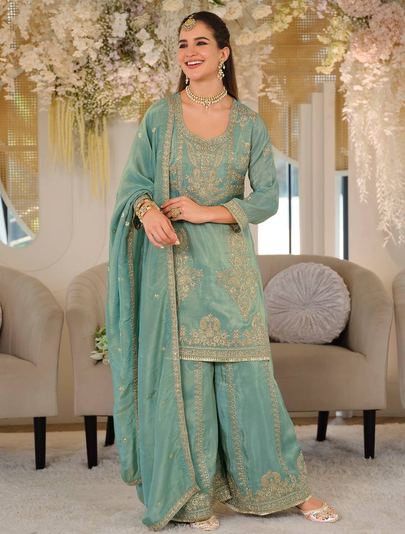 Green silk blend embroidered kurta trouser dupatta set