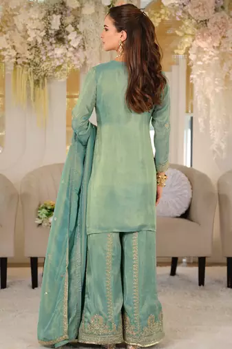 Green silk blend embroidered kurta trouser dupatta set