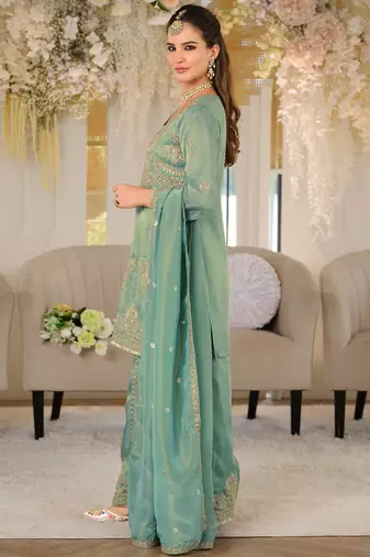 Green silk blend embroidered kurta trouser dupatta set