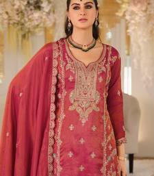 Pink silk blend embroidered kurta trouser dupatta set