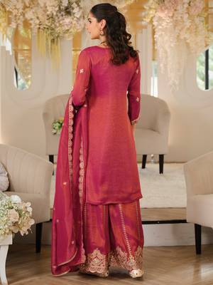 Pink silk blend embroidered kurta trouser dupatta set 3