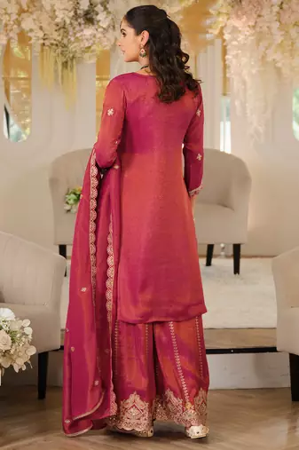 Pink silk blend embroidered kurta trouser dupatta set