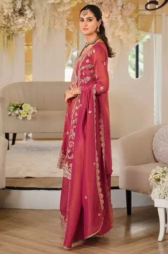 Pink silk blend embroidered kurta trouser dupatta set