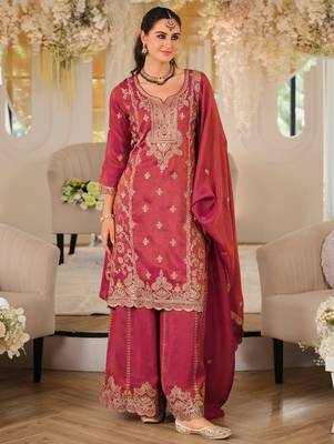 Pink silk blend embroidered kurta trouser dupatta set 1