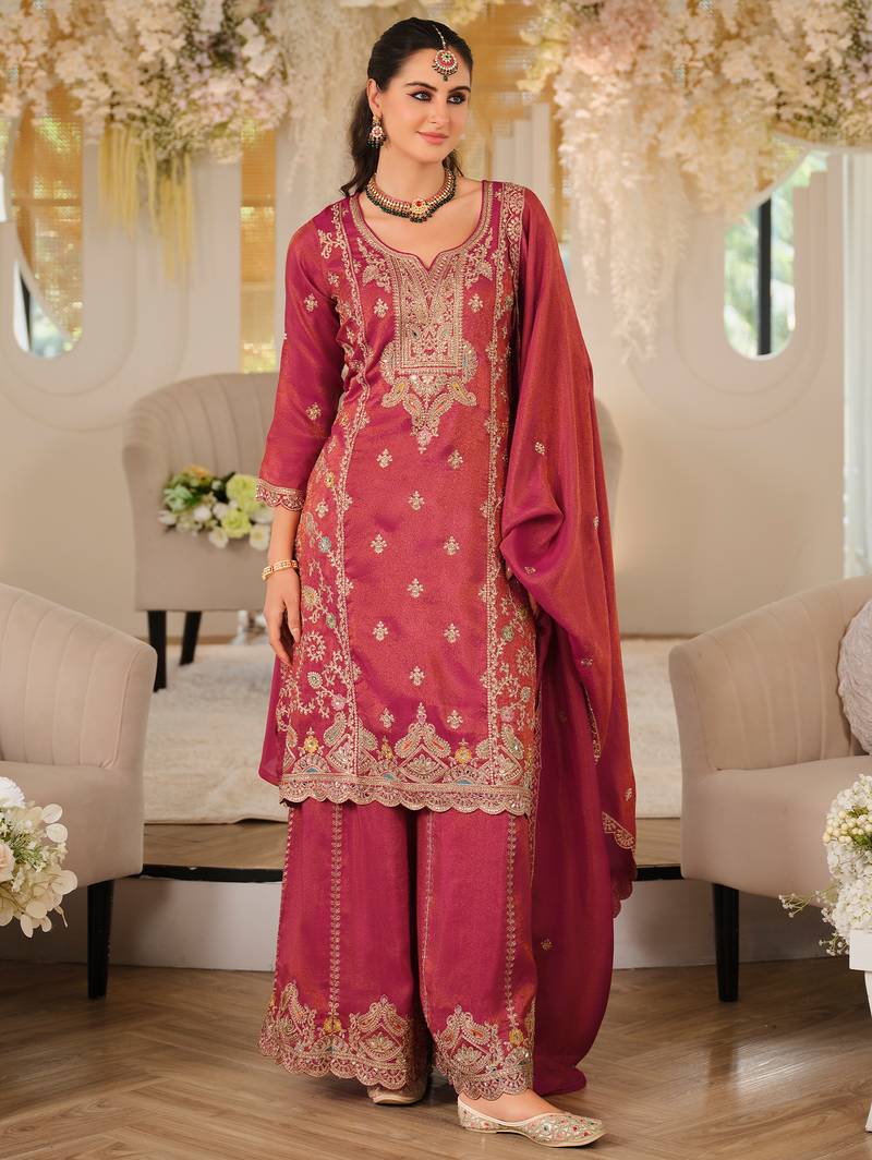 Pink silk blend embroidered kurta trouser dupatta set