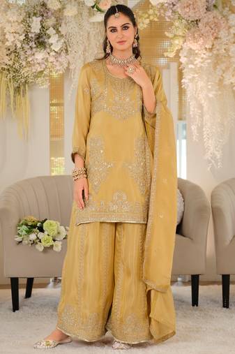 Yellow silk blend embroidered kurta trouser dupatta set