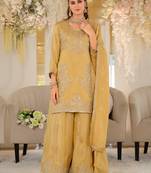Yellow silk blend embroidered kurta trouser dupatta set
