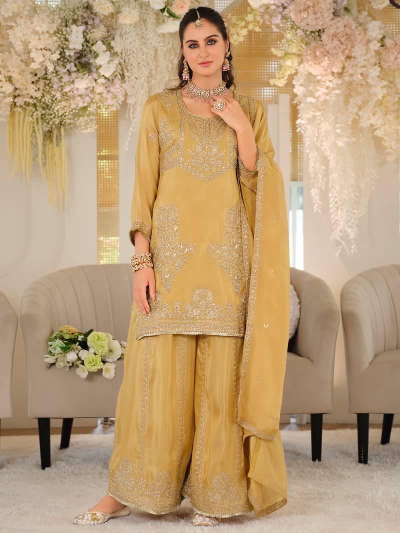 Yellow silk blend embroidered kurta trouser dupatta set