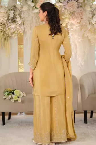 Yellow silk blend embroidered kurta trouser dupatta set