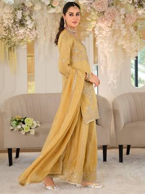 Yellow silk blend embroidered kurta trouser dupatta set 3