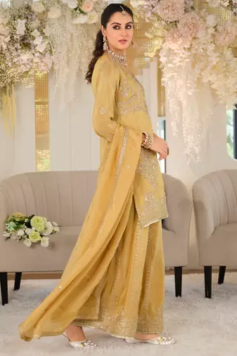 Yellow silk blend embroidered kurta trouser dupatta set