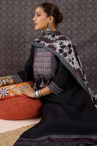 Black pure cotton printed kurta trouser dupatta set