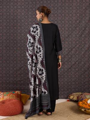 Black pure cotton printed kurta trouser dupatta set 2