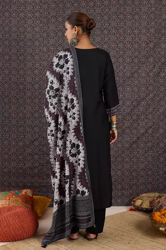 Black pure cotton printed kurta trouser dupatta set