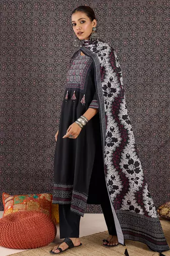 Black pure cotton printed kurta trouser dupatta set