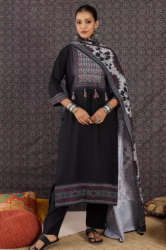 Black pure cotton printed kurta trouser dupatta set