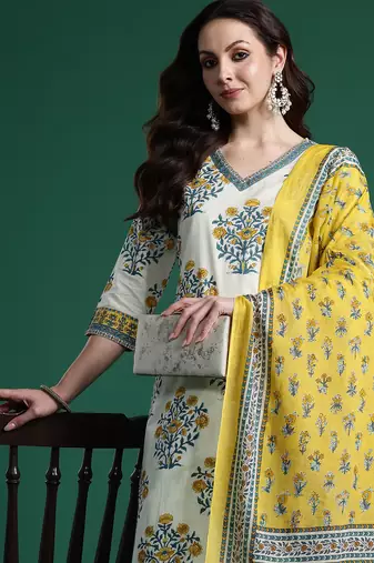 Off white pure cotton printed kurta trouser dupatta set