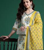 Off white pure cotton printed kurta trouser dupatta set