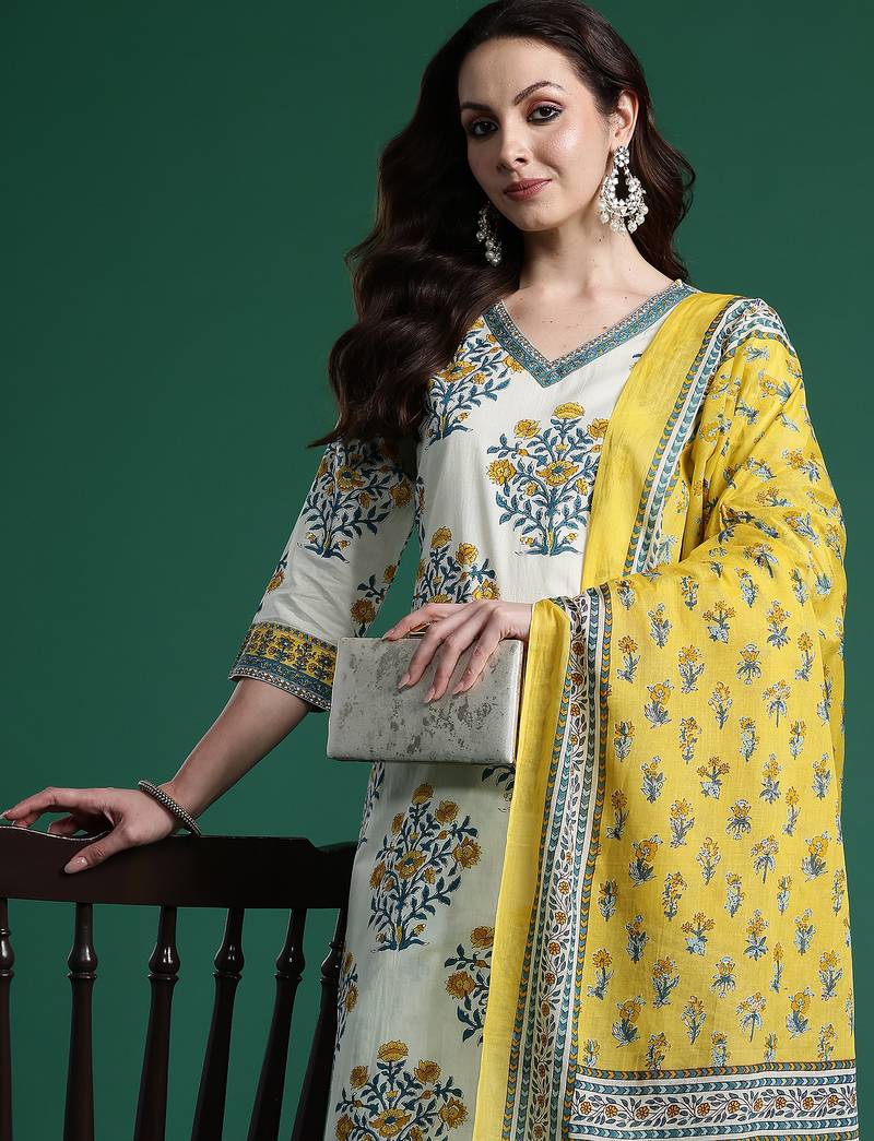 Off white pure cotton printed kurta trouser dupatta set