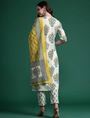 Off white pure cotton printed kurta trouser dupatta set 2